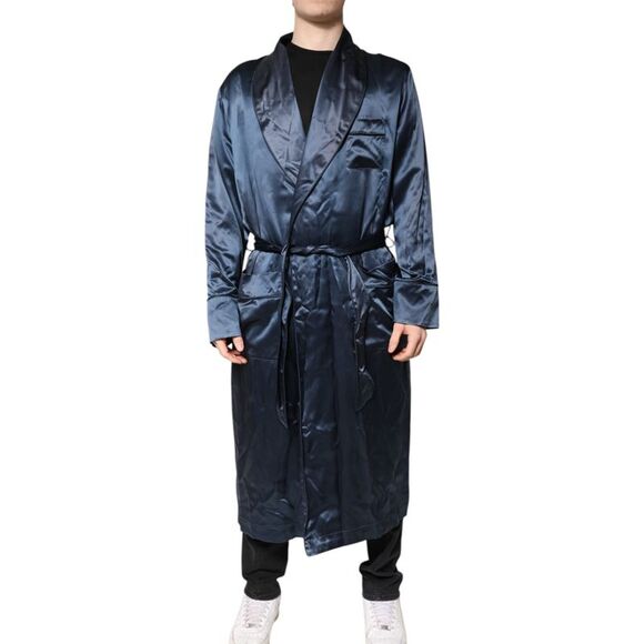 Dolce & Gabbana Blue Solid Silk Men Wrap Robe Coat Men's Jacket